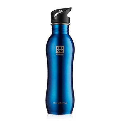 Single Onya stainless steel drink bottle with high flow flip and flow lid and ergonomic curved body design on a clean white background, available in Australia 750ml blue variant.