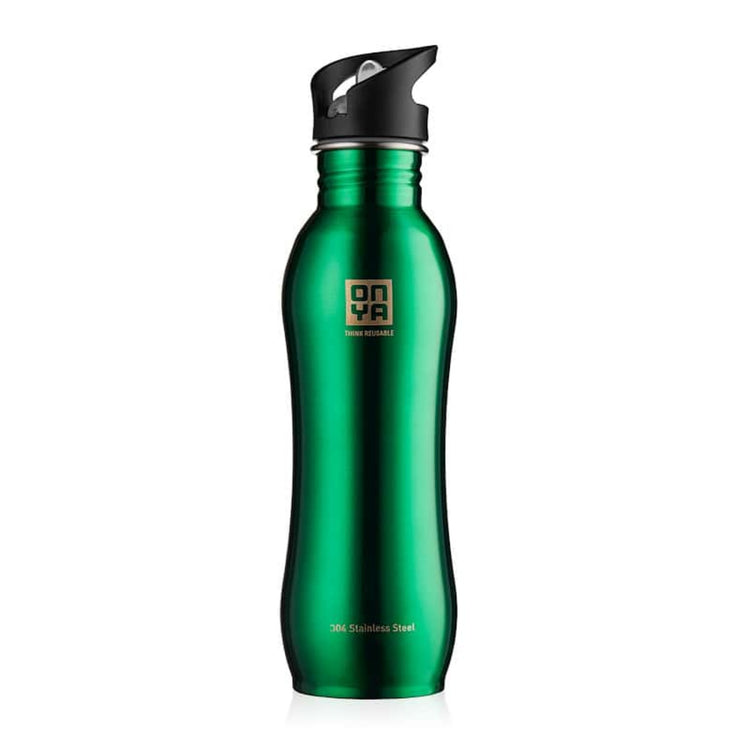 Single Onya stainless steel drink bottle with high flow flip and flow lid and ergonomic curved body design on a clean white background, available in Australia 750ml green variant.