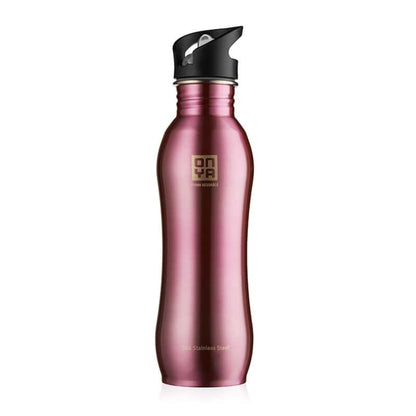 Single Onya stainless steel drink bottle with high flow flip and flow lid and ergonomic curved body design on a clean white background, available in Australia 750ml pink variant.