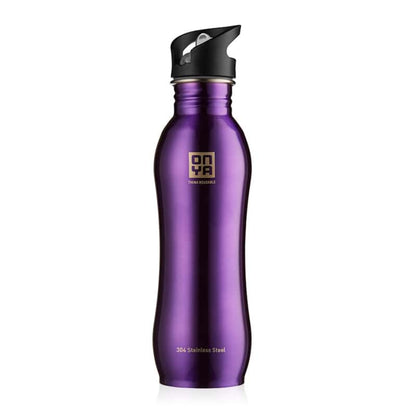 Single Onya stainless steel drink bottle with high flow flip and flow lid and ergonomic curved body design on a clean white background, available in Australia 750ml purple variant.