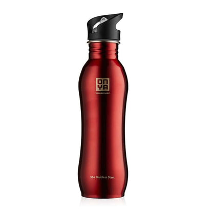 Single Onya stainless steel drink bottle with high flow flip and flow lid and ergonomic curved body design on a clean white background, available in Australia 750ml red variant.