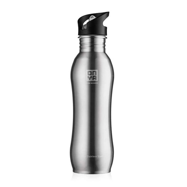 Single Onya stainless steel drink bottle with high flow flip and flow lid and ergonomic curved body design on a clean white background, available in Australia 750ml stainless steel variant.