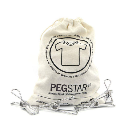 Peg Star 30 pack of heavy duty 304 stainless steel laundry pegs arranged neatly together on a pure white background.