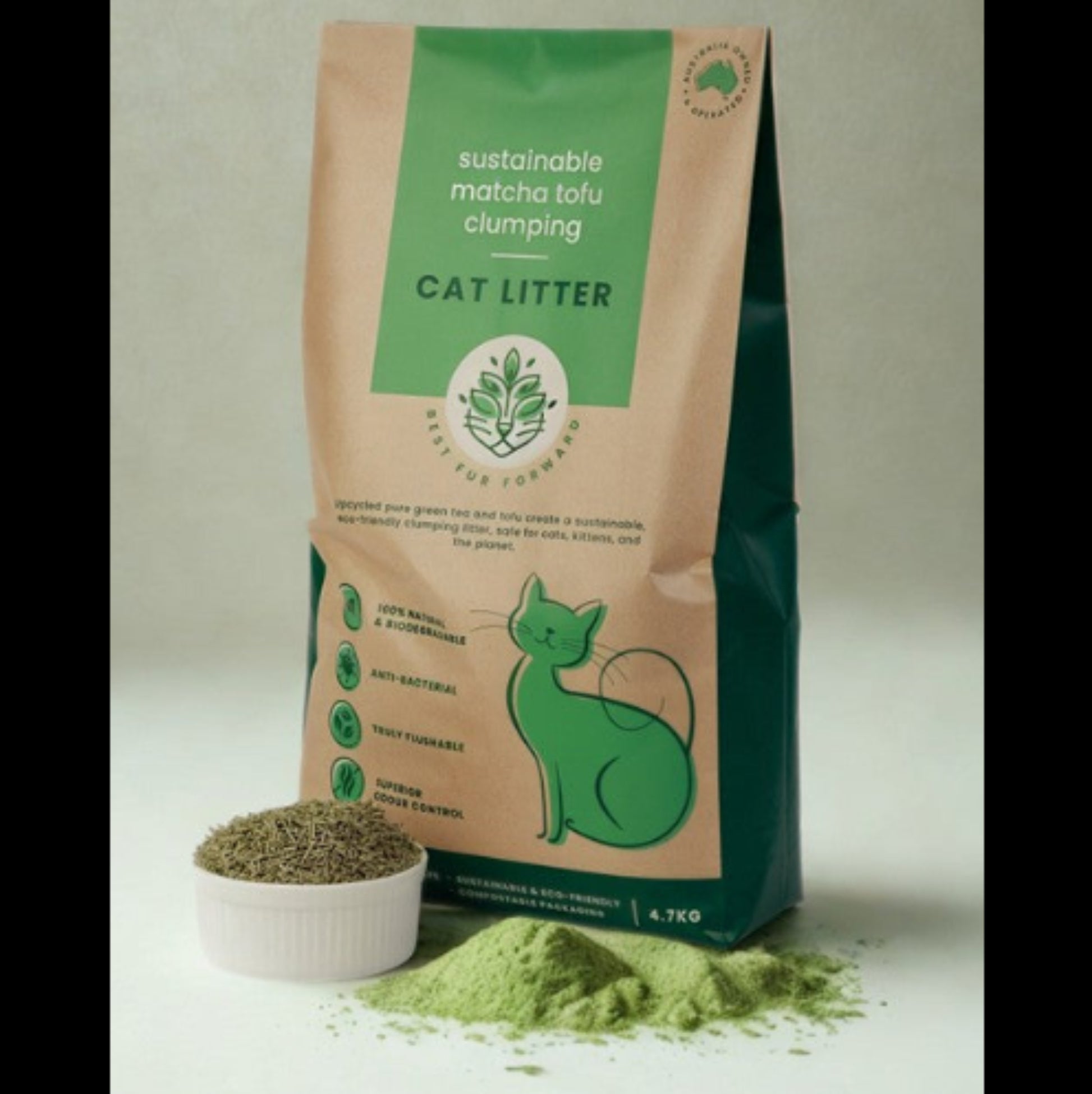 Best Fur Forward sustainable matcha tofu clumping cat litter displayed alongside raw green tea and tofu ingredients.
