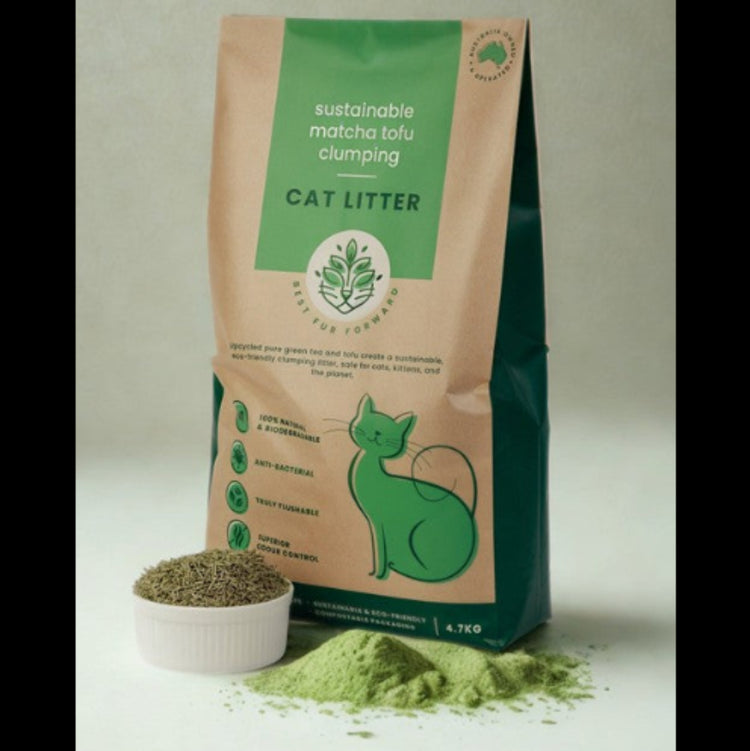 Best Fur Forward sustainable matcha tofu clumping cat litter displayed alongside raw green tea and tofu ingredients.
