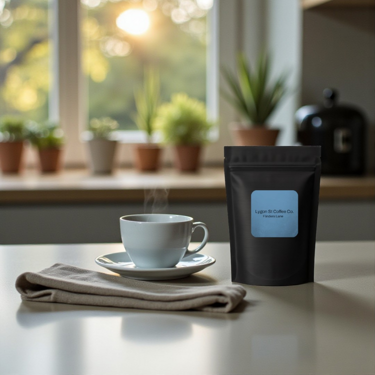 A 200g bag of freshly roasted Flinders Lane blend coffee ground specifically for reusable capsule use, included in the  kit.
