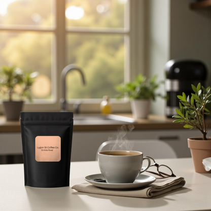 A 200g bag of freshly roasted St Kilda Rd blend coffee ground specifically for reusable capsule use, included in the kit.