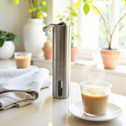Sleek cylindrical stainless steel portable hand coffee grinder for travel and kitchen use displayed on a kitchen countertop with cup of coffee.