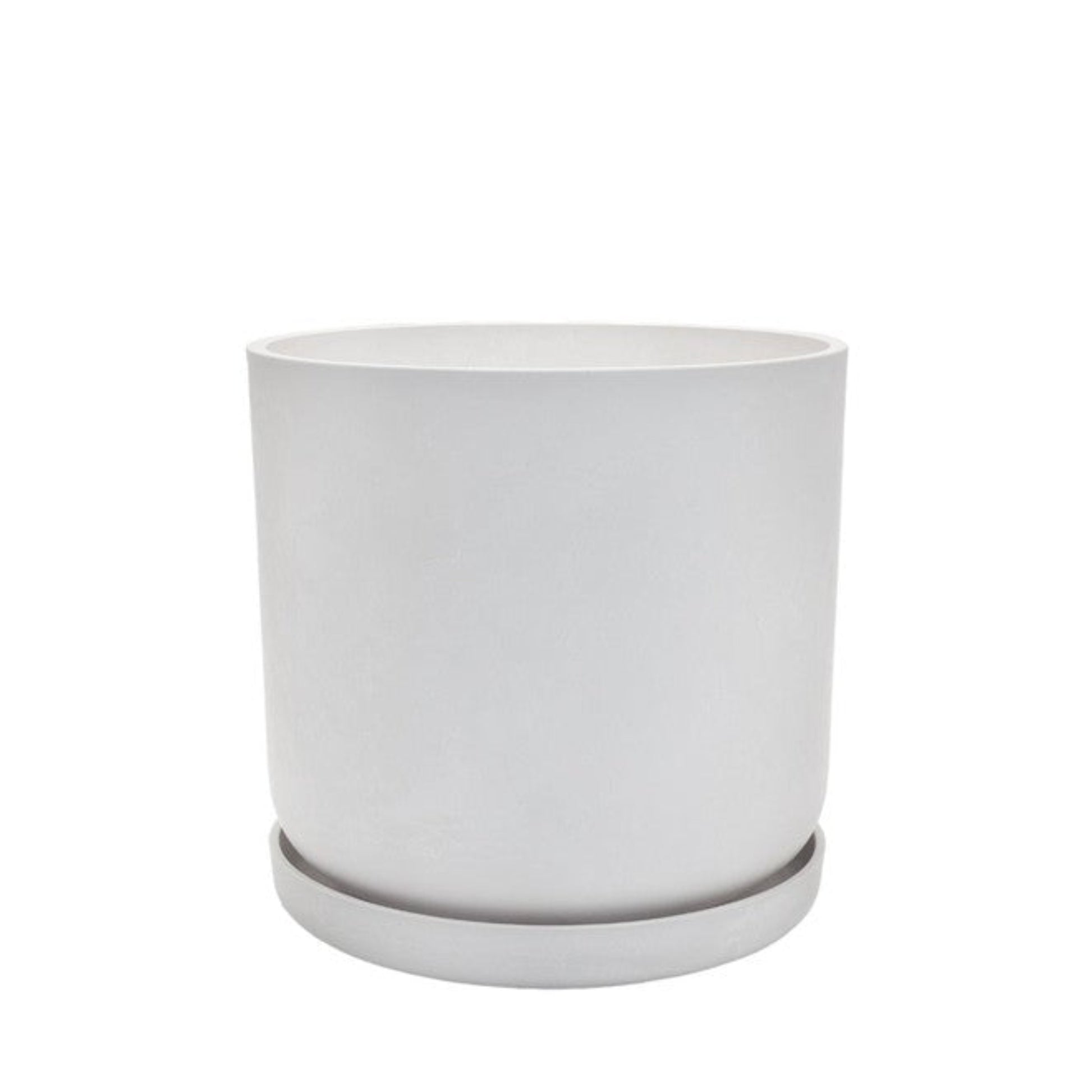 Portland recycled plastic plant pot with matching saucer. Shown in White stone