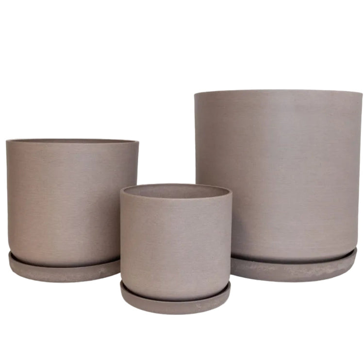 Coordinated Portland large set of three statement recycled plastic plant pots with matching saucers on a clean white background, available in Australia. Beachwood shown.