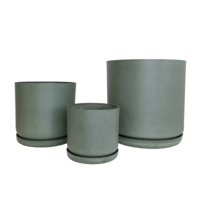 Coordinated Portland large set of three statement recycled plastic plant pots with matching saucers on a clean white background, available in Australia. Olive shown.