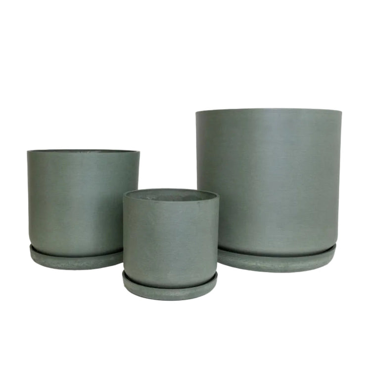 Coordinated Portland large set of three statement recycled plastic plant pots with matching saucers on a clean white background, available in Australia. Olive shown.
