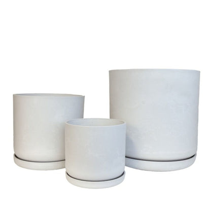 Coordinated Portland large set of three statement recycled plastic plant pots with matching saucers on a clean white background, available in Australia. White Stone shown.