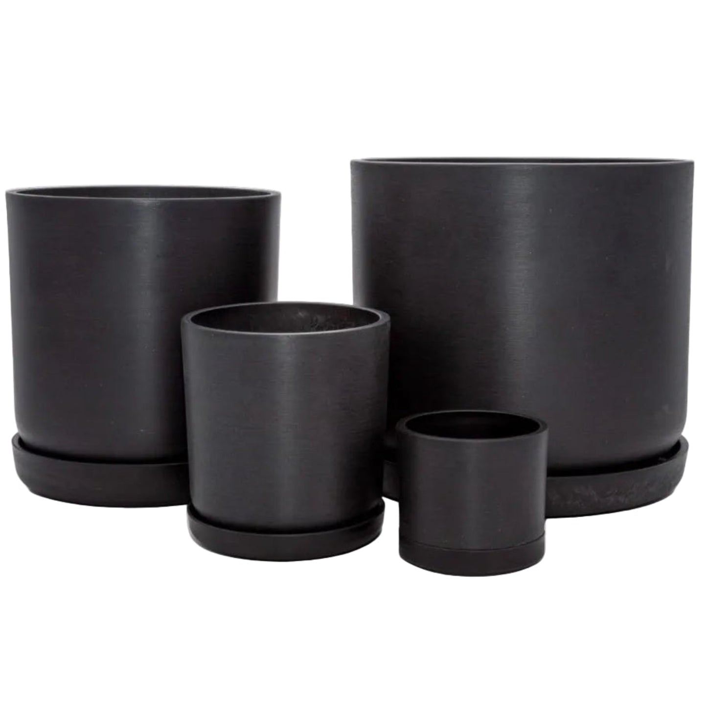 Complete Portland recycled plastic plant pot set of four graduated sizes with matching saucers on a clean white background, available in Australia. Black variant shown.