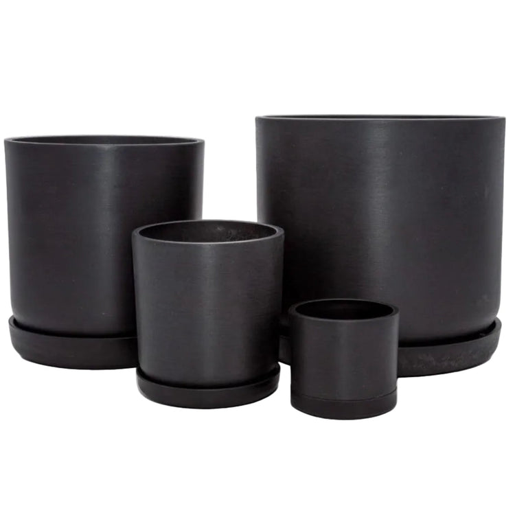 Complete Portland recycled plastic plant pot set of four graduated sizes with matching saucers on a clean white background, available in Australia. Black variant shown.