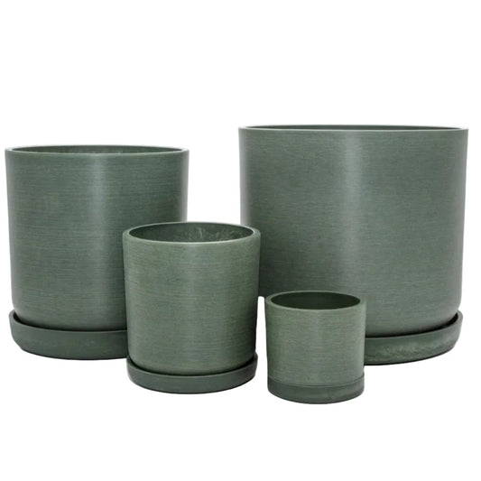Complete Portland recycled plastic plant pot set of four graduated sizes with matching saucers on a clean white background, available in Australia. Olive variant shown.