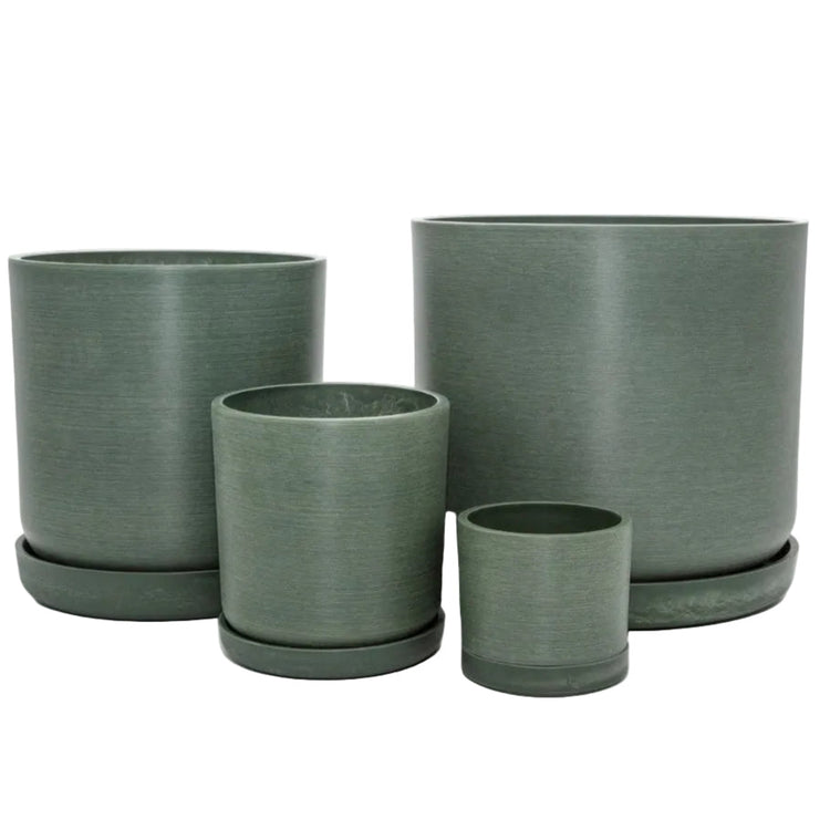 Complete Portland recycled plastic plant pot set of four graduated sizes with matching saucers on a clean white background, available in Australia. Olive variant shown.