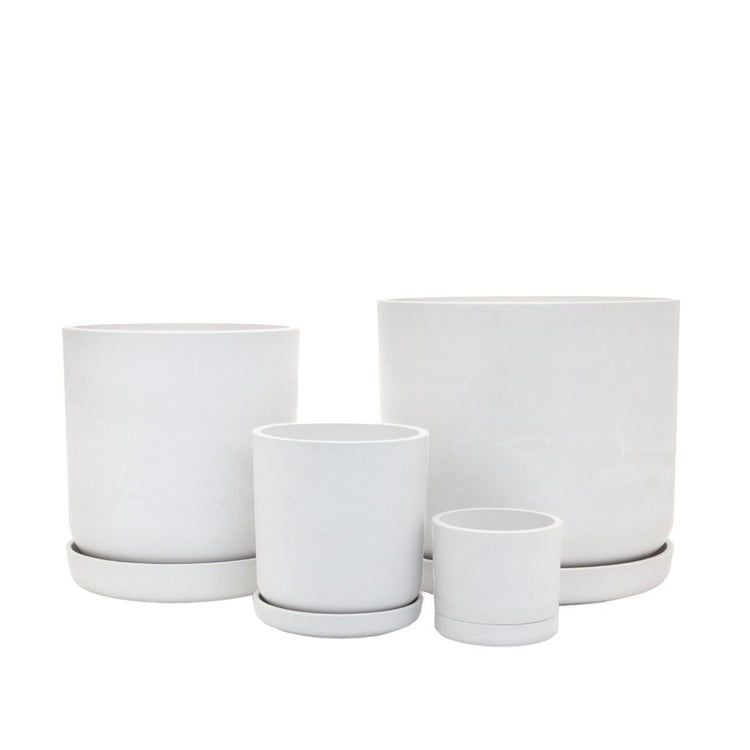 Complete Portland recycled plastic plant pot set of four graduated sizes with matching saucers on a clean white background, available in Australia. White stone variant shown.