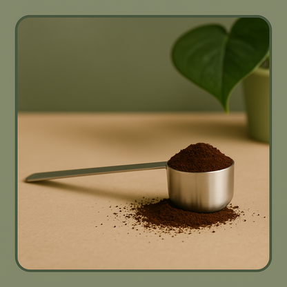 Long-handled stainless steel coffee measuring scoop spoon for filling reusable pods on a countertop with ground coffee.