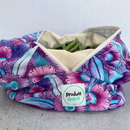Macro view of the lightweight, highly breathable fabric weave engineered to regulate humidity and prevent mould in a refrigerator. Gum blossom variant.
