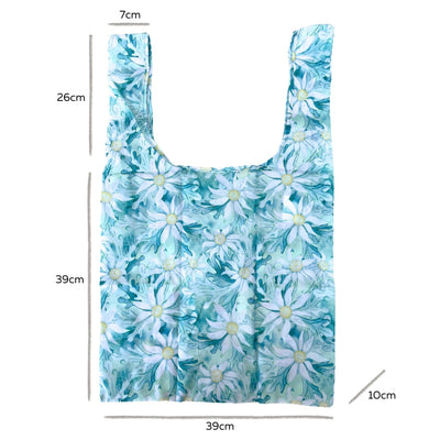 Single Produce Pod recycled shopper bag displaying a beautiful Flannel Flower botanical print and wide shoulder straps on a clean white background, available in Australia.