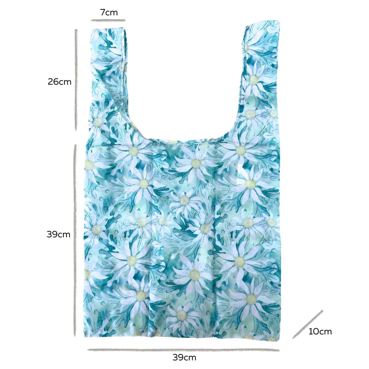 Single Produce Pod recycled shopper bag displaying a beautiful Flannel Flower botanical print and wide shoulder straps on a clean white background, available in Australia.