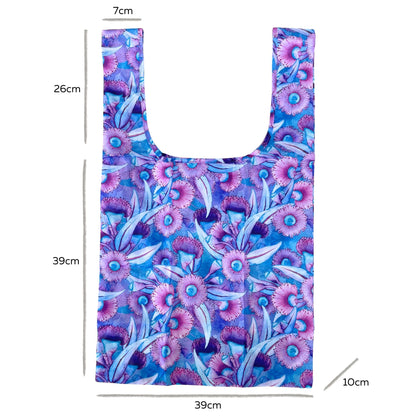 Single Produce Pod recycled shopper bag displaying a beautiful Gum Blossom botanical print and wide shoulder straps on a clean white background, available in Australia.