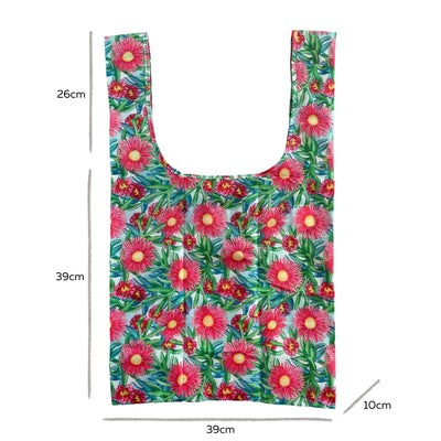 Single Produce Pod recycled shopper bag displaying a beautiful Sea Fig botanical print and wide shoulder straps on a clean white background, available in Australia.