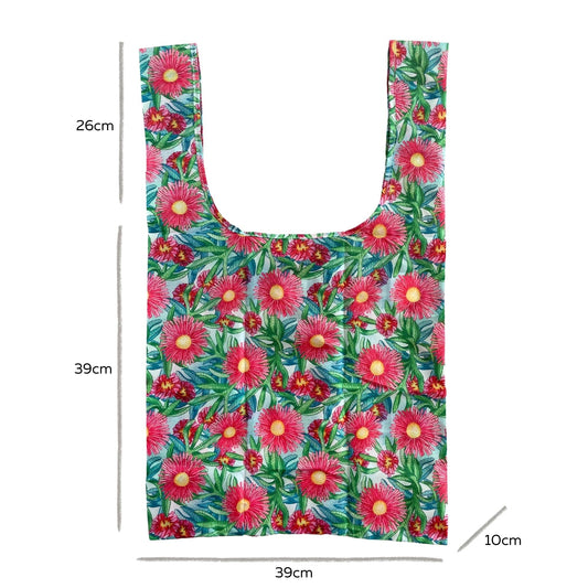 Single Produce Pod recycled shopper bag displaying a beautiful Sea Fig botanical print and wide shoulder straps on a clean white background, available in Australia.