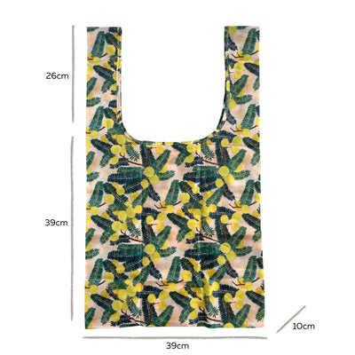 Single Produce Pod recycled shopper bag displaying a beautiful Wattle botanical print and wide shoulder straps on a clean white background, available in Australia.