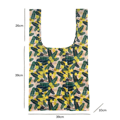 Single Produce Pod recycled shopper bag displaying a beautiful Wattle botanical print and wide shoulder straps on a clean white background, available in Australia.