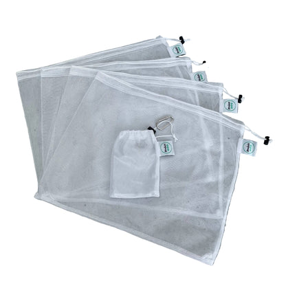 Complete set of four Produce Pod reusable rPET mesh produce bags next to a compact fabric carry pouch on a clean white background, available in Australia.