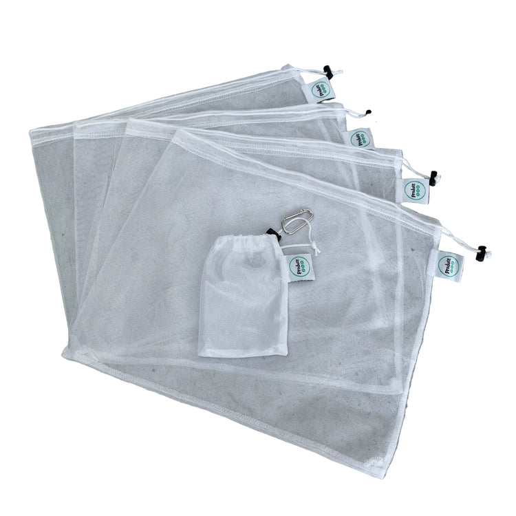 Complete set of four Produce Pod reusable rPET mesh produce bags next to a compact fabric carry pouch on a clean white background, available in Australia.