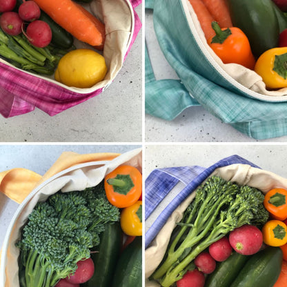Bundle of four Produce Pod reusable veggie storage bags in rainbow featuring lemon, plum, rhubarb and ocean.