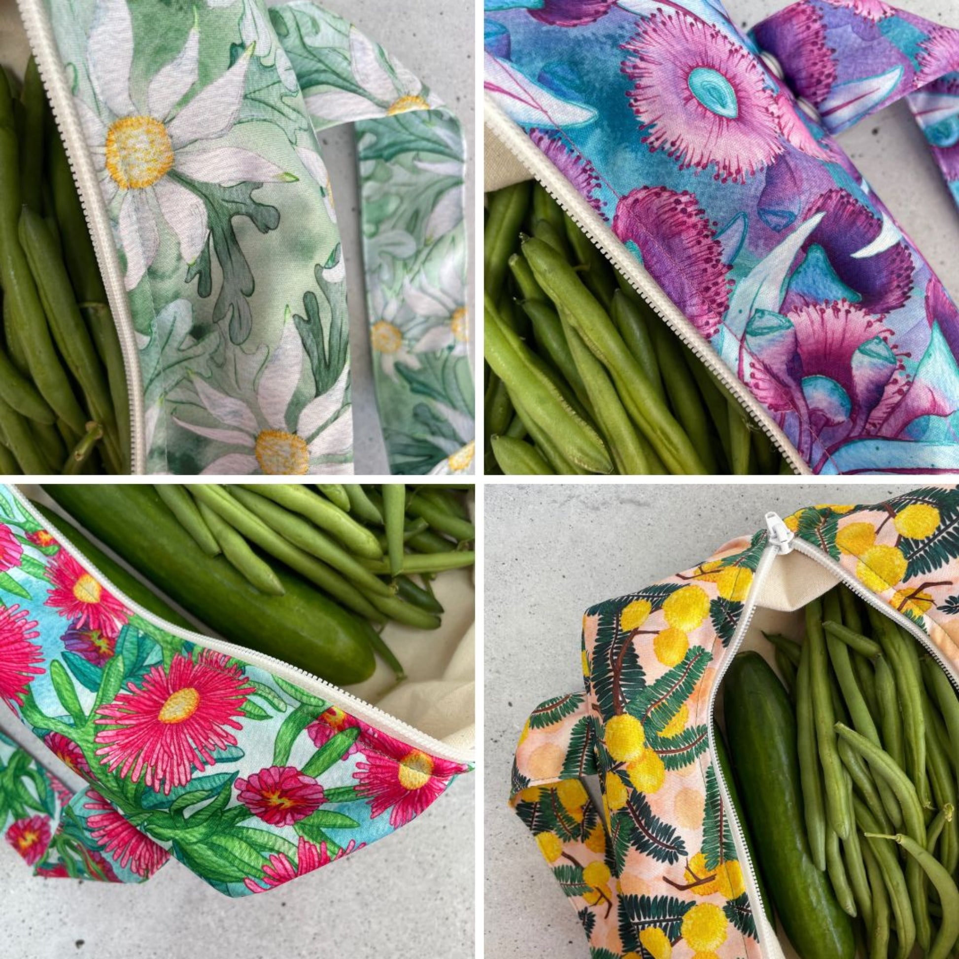 Bundle of Produce Pod reusable veggie storage bags featuring wildflower prints including wattle, sea fig, gum blossom and flannel flower.