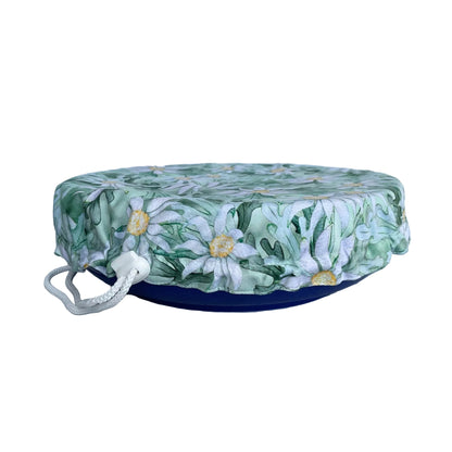 Produce Pod reusable bowl cover in a Flannel Flower fitted snugly over a serving dish in Australia.