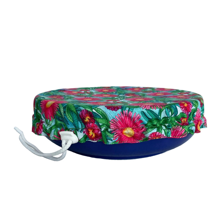 Produce Pod reusable bowl cover in a Sea fig print fitted snugly over a serving dish on a clean white background.