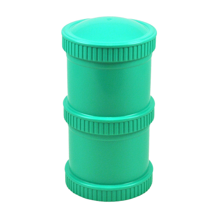 Aqua Re-Play Snack Stack set showing a fully assembled pair of airtight, stackable travel food pods for kids' daycare snacks.
