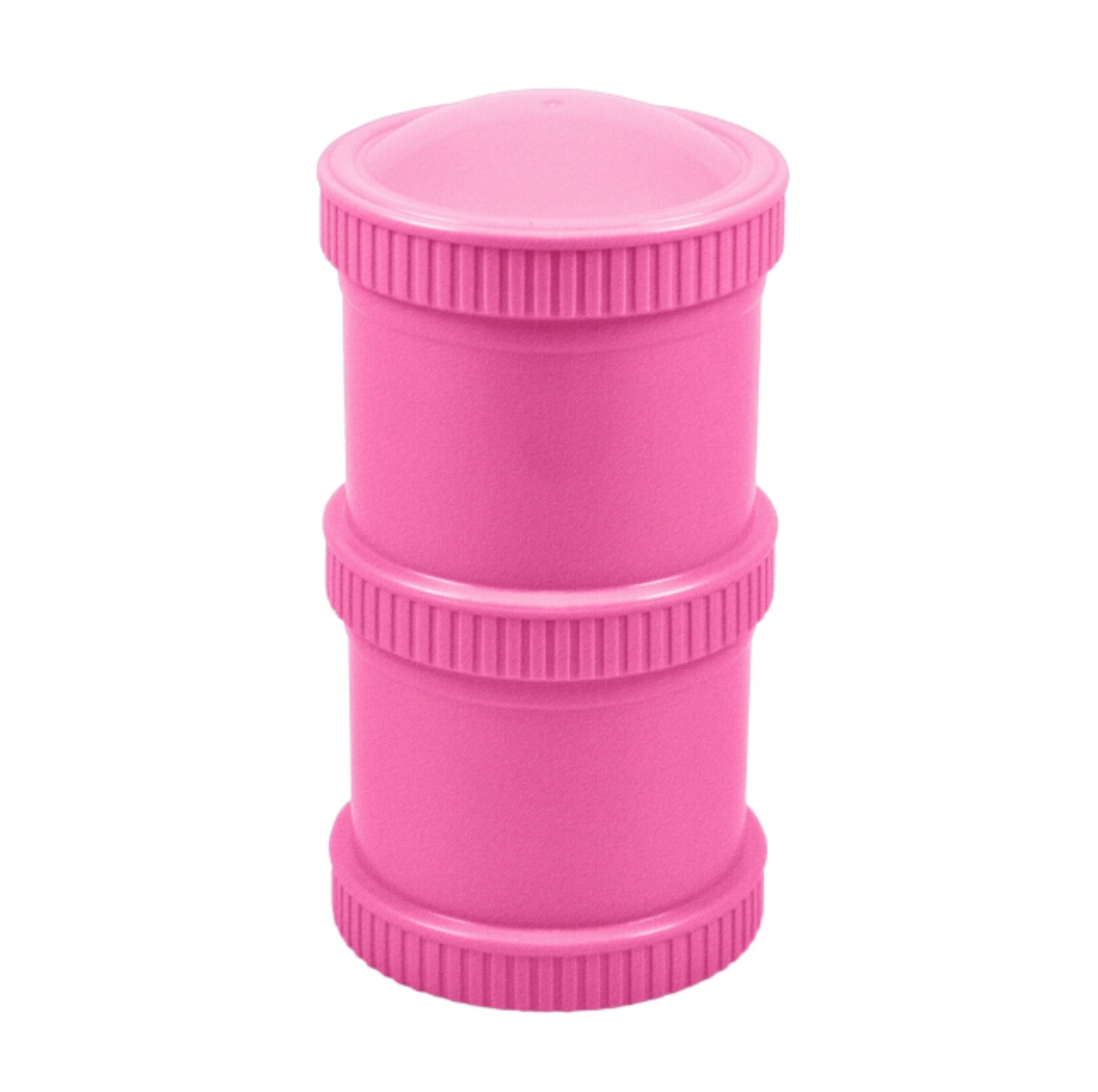 Bright Pink Re-Play Snack Stack set showing a fully assembled pair of airtight, stackable travel food pods for kids' daycare snacks.