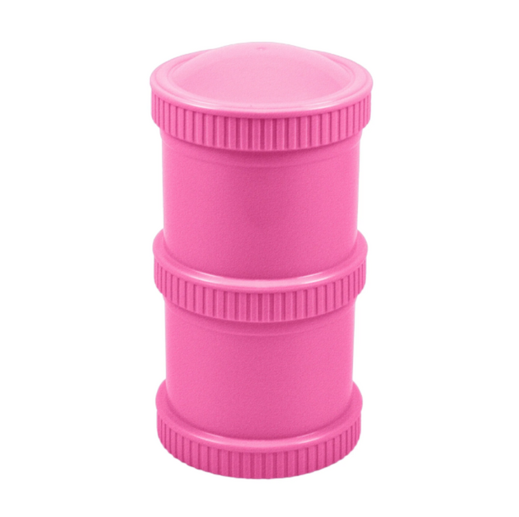 Bright Pink Re-Play Snack Stack set showing a fully assembled pair of airtight, stackable travel food pods for kids' daycare snacks.
