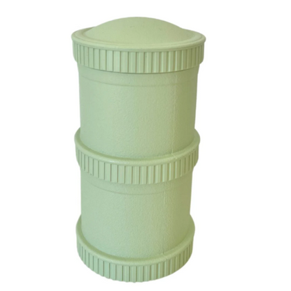 Leaf Re-Play Snack Stack set showing a fully assembled pair of airtight, stackable travel food pods for kids' daycare snacks.
