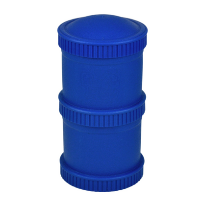 Navy Re-Play Snack Stack set showing a fully assembled pair of airtight, stackable travel food pods for kids' daycare snacks.