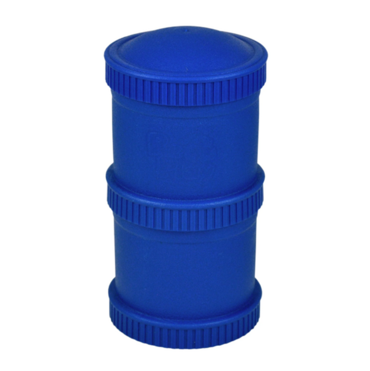Navy Re-Play Snack Stack set showing a fully assembled pair of airtight, stackable travel food pods for kids' daycare snacks.