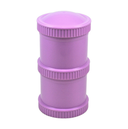 Purple Re-Play Snack Stack set showing a fully assembled pair of airtight, stackable travel food pods for kids' daycare snacks.