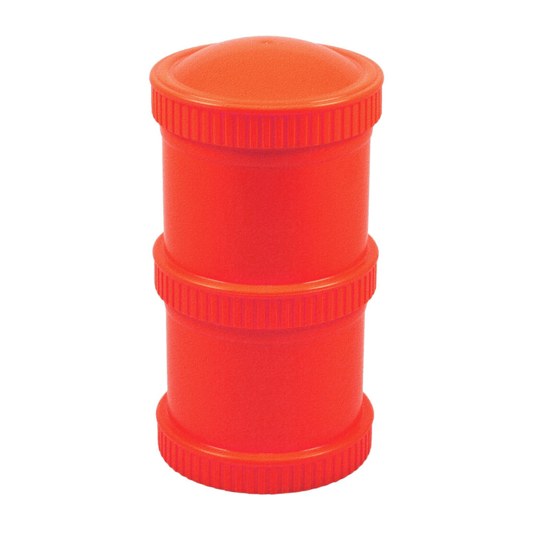 Red Re-Play Snack Stack set showing a fully assembled pair of airtight, stackable travel food pods for kids' daycare snacks.