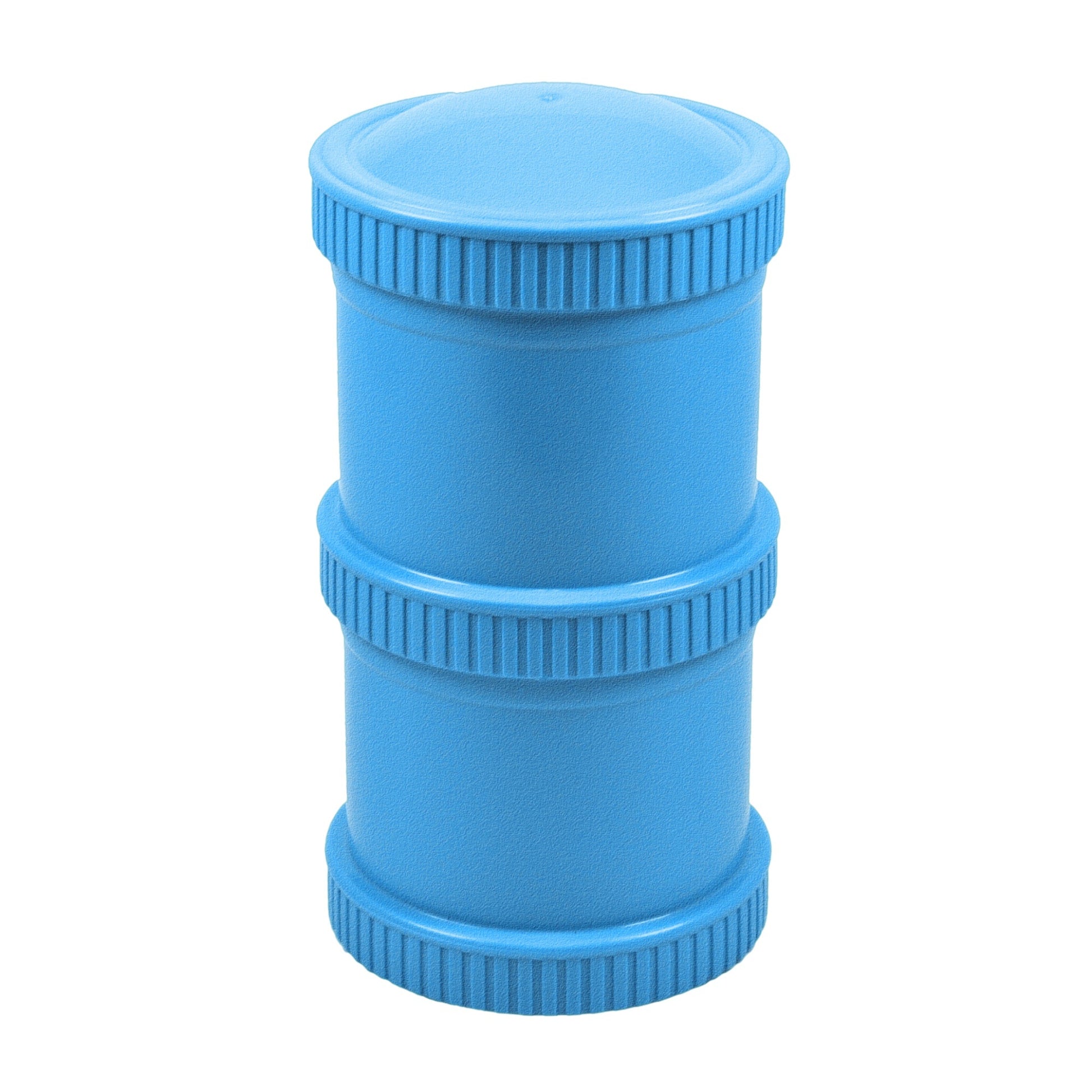 Sky Blue Re-Play Snack Stack set showing a fully assembled pair of airtight, stackable travel food pods for kids' daycare snacks.