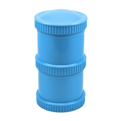 Sky Blue Re-Play Snack Stack set showing a fully assembled pair of airtight, stackable travel food pods for kids' daycare snacks.
