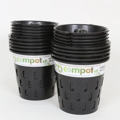 Pack of 10 Compot 5L in-ground compost bins made from recycled plastic with secure locking lids for garden waste breakdown.