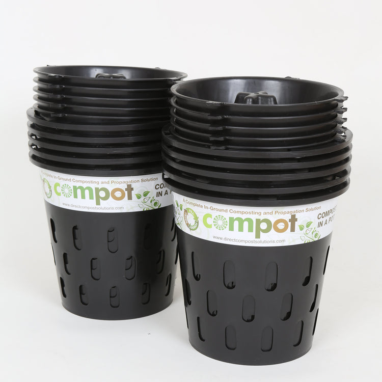 Pack of 10 Compot 5L in-ground compost bins made from recycled plastic with secure locking lids for garden waste breakdown.