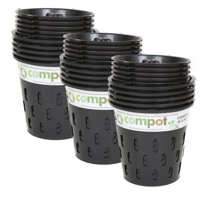 Pack of 15 Compot 5L in-ground compost bins made from recycled plastic with secure locking lids for garden waste breakdown.